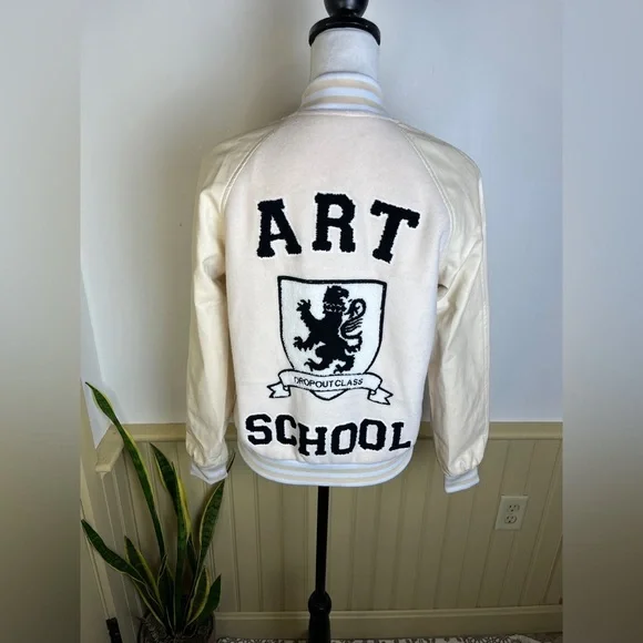 AKIRA Art School Varsity Jacket S Cream White Dropout Class Patches Indie Punk - Picture 6 of 14